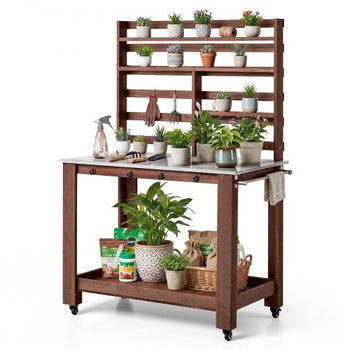 Potting Bench Table, Outdoor Gardening Workstation with 45 x 26 in Stainless Steel Tabletop, Storage Shelves, 4 Casters, Hooks, Garden Planting Work Station for Outside Patio, Backyard, Brown