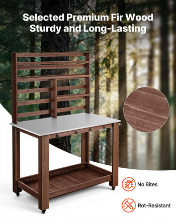 Potting Bench Table, Outdoor Gardening Workstation with 45 x 26 in Stainless Steel Tabletop, Storage Shelves, 4 Casters, Hooks, Garden Planting Work Station for Outside Patio, Backyard, Brown