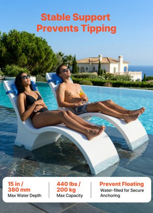 Pool Lounge Chairs, Set of 2 Chaise Lounger with Headrest, Water Weighted In-Pool Lounger Chairs for up to 15" Water Depths, Anti-Floating Patio Furniture for Sun Shelf & Tanning Ledge, 440LBS