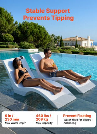 Pool Lounge Chairs, Set of 2 Chaise Lounger, Water Weighted In-Pool Lounger Chairs for up to 9" Water Depths, Anti-Floating Patio Furniture with Cup Phone Holders for Sun Shelf & Tanning Ledge