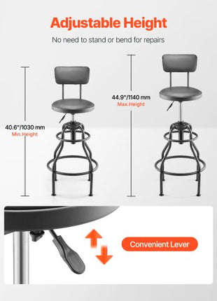 Shop Stool with Backrest, Pneumatic Garage Seat/Work Stool with 300 lbs Capacity, Adjustable Height Roller Creeper Seat, 360° Swivel Padded Workshop Stool, for Garage, Shop & Auto Repair, Black