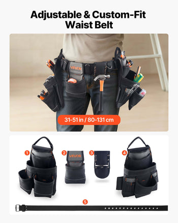 Tool Belt, 18 Pockets Professional Tool Pouch for Men, Heavy Duty Adjustable Utility Belt Detachable Work Bag for Electrician, Carpenter, Construction, Work Apron Organizer, Adjusts 31in to 51in