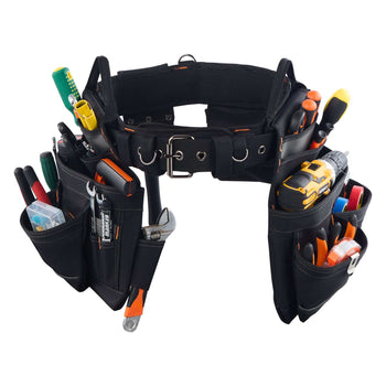 Tool Belt, 18 Pockets Professional Tool Pouch for Men, Heavy Duty Adjustable Utility Belt Detachable Work Bag for Electrician, Carpenter, Construction, Work Apron Organizer, Adjusts 31in to 51in