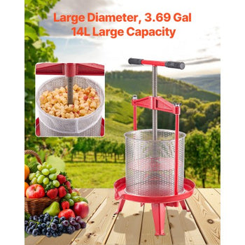 3.69 Gal/14L Fruit Wine Press, Stainless Steel Basket with Cross-beam and Triangular Structure, Manual Juice Maker, Cider Apple Grape Tincture Making Press with T-Handle for Kitchen Home