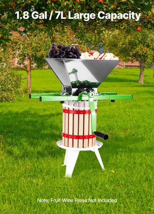 1.8 Gal/7L Fruit and Apple Crusher, Large Manual Grinder, Stainless Steel Fruit Scratter Pulper for Wine Cider Apple Grape Pressing, with Roller Handle for Kitchen Home, Green