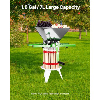 1.8 Gal/7L Fruit and Apple Crusher, Large Manual Grinder, Stainless Steel Fruit Scratter Pulper for Wine Cider Apple Grape Pressing, with Roller Handle for Kitchen Home, Green