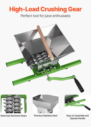 1.8 Gal/7L Fruit and Apple Crusher, Large Manual Grinder, Stainless Steel Fruit Scratter Pulper for  Cider Apple Grape Pressing, with Roller Handle for Kitchen Home, Green