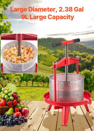 2.38 Gal/9L Fruit Wine Press, Stainless Steel Basket with Cross-beam and Triangular Structure, Manual Juice Maker, Cider Apple Grape Tincture Making Press with T-Handle for Kitchen Home