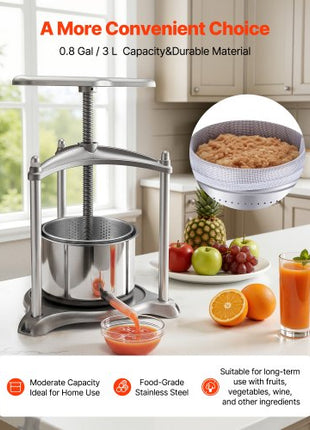 Fruit Wine Press, 0.8 Gallon/3L, Stainless Steel Manual Juice Maker with Powerful T-Shaped Handle, Juice Making for Apple/Grape/Orange/Berry, Cheese/Tincture/Herbal Press, for Kitchen Home