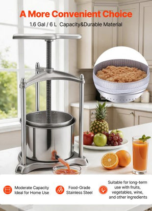 Fruit Wine Press, 1.6 Gallon/6L, Stainless Steel Manual Juice Maker with Powerful T-Shaped Handle, Juice Making for Apple/Grape/Orange/Berry, Cheese/Tincture/Herbal Press, for Kitchen Home
