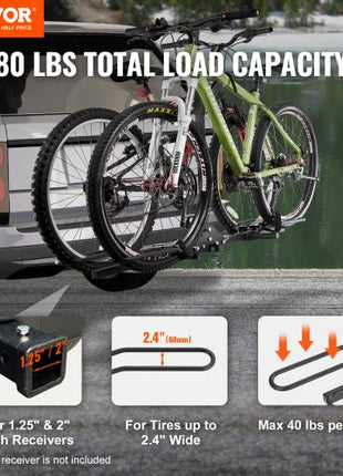 Hitch Mount Bike Rack, 2-Bike Platform Style, 80 LBS Max Capacity Bike Rack Hitch for 1.25-/2-inch Receiver, Titling and Folding Bike Carrier with Tires up to 2.4" Wide, for Car, SUV, Truck, RV