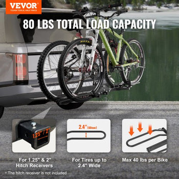 Hitch Mount Bike Rack, 2-Bike Platform Style, 80 LBS Max Capacity Bike Rack Hitch for 1.25-/2-inch Receiver, Titling and Folding Bike Carrier with Tires up to 2.4" Wide, for Car, SUV, Truck, RV