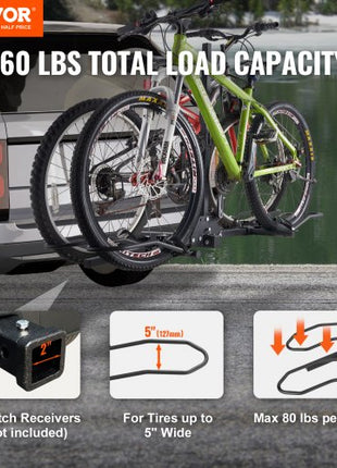 Hitch Mount Bike Rack, 2-Bike Platform Style, 160 LBS Max Capacity Bike Rack Hitch for 2-inch Receiver, Titling and Folding Bike Carrier with Tires up to 5" Wide, for Car, SUV, Truck, RV
