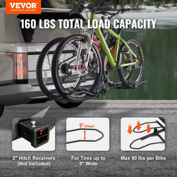 Hitch Mount Bike Rack, 2-Bike Platform Style, 160 LBS Max Capacity Bike Rack Hitch for 2-inch Receiver, Titling and Folding Bike Carrier with Tires up to 5" Wide, for Car, SUV, Truck, RV
