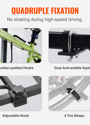 Green bike rack featuring rubber-padded hooks, dual anti-wobble system, adjustable knob, and four tire straps.