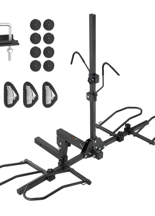Black bike rack with adjustable wheel support, includes mounting hardware and rubber protectors, perfect for SUVs and trucks.
