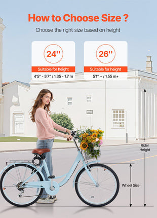 Cruiser Bike, 7-Speed, 24-Inch Light Blue Beach Cruiser Bike with Large Capacity Basket and Rear Rack, Secure & Sturdy Cruiser Bike with Adjustable Seat, Fits for Cycling, Exercise & Shopping