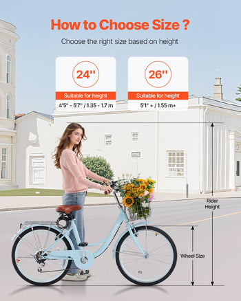 Cruiser Bike, 7-Speed, 24-Inch Light Blue Beach Cruiser Bike with Large Capacity Basket and Rear Rack, Secure & Sturdy Cruiser Bike with Adjustable Seat, Fits for Cycling, Exercise & Shopping