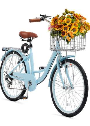 Cruiser Bike, 7-Speed, 24-Inch Light Blue Beach Cruiser Bike with Large Capacity Basket and Rear Rack, Secure & Sturdy Cruiser Bike with Adjustable Seat, Fits for Cycling, Exercise & Shopping