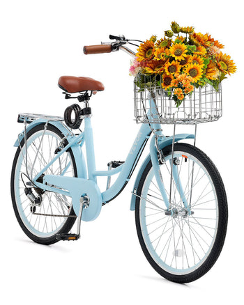 Cruiser Bike, 7-Speed, 24-Inch Light Blue Beach Cruiser Bike with Large Capacity Basket and Rear Rack, Secure & Sturdy Cruiser Bike with Adjustable Seat, Fits for Cycling, Exercise & Shopping