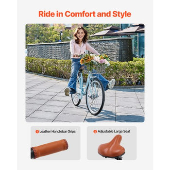 Cruiser Bike, 1-Speed, 26-Inch Light Blue Beach Cruiser Bike with Large Capacity Basket and Rear Rack, Secure & Sturdy Cruiser Bike with Adjustable Seat, Fits for Cycling, Exercise & Shopping