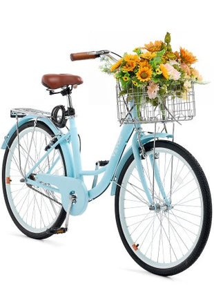 Cruiser Bike, 1-Speed, 26-Inch Light Blue Beach Cruiser Bike with Large Capacity Basket and Rear Rack, Secure & Sturdy Cruiser Bike with Adjustable Seat, Fits for Cycling, Exercise & Shopping