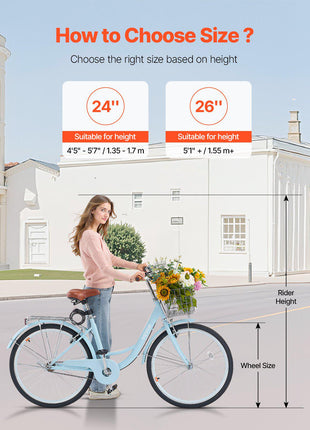 Cruiser Bike, 1-Speed, 26-Inch Light Blue Beach Cruiser Bike with Large Capacity Basket and Rear Rack, Secure & Sturdy Cruiser Bike with Adjustable Seat, Fits for Cycling, Exercise & Shopping