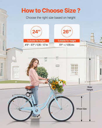 Cruiser Bike, 1-Speed, 26-Inch Light Blue Beach Cruiser Bike with Large Capacity Basket and Rear Rack, Secure & Sturdy Cruiser Bike with Adjustable Seat, Fits for Cycling, Exercise & Shopping