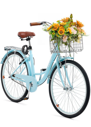 Cruiser Bike, 1-Speed, 26-Inch Light Blue Beach Cruiser Bike with Large Capacity Basket and Rear Rack, Secure & Sturdy Cruiser Bike with Adjustable Seat, Fits for Cycling, Exercise & Shopping