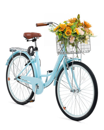 Cruiser Bike, 1-Speed, 26-Inch Light Blue Beach Cruiser Bike with Large Capacity Basket and Rear Rack, Secure & Sturdy Cruiser Bike with Adjustable Seat, Fits for Cycling, Exercise & Shopping