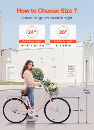 Cruiser Bike, 1-Speed, 26-Inch Pink Beach Cruiser Bike with Large Capacity Basket and Rear Rack, Secure & Sturdy Cruiser Bike with Adjustable Seat, Fits for Cycling, Exercise & Shopping