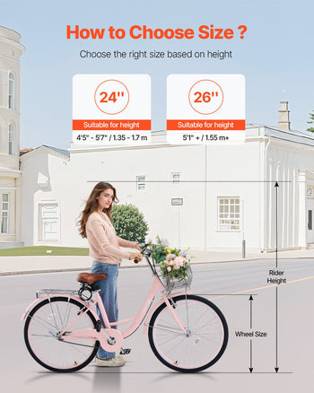 Cruiser Bike, 1-Speed, 26-Inch Pink Beach Cruiser Bike with Large Capacity Basket and Rear Rack, Secure & Sturdy Cruiser Bike with Adjustable Seat, Fits for Cycling, Exercise & Shopping