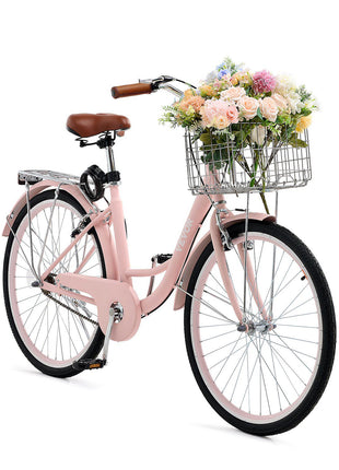 Cruiser Bike, 1-Speed, 26-Inch Pink Beach Cruiser Bike with Large Capacity Basket and Rear Rack, Secure & Sturdy Cruiser Bike with Adjustable Seat, Fits for Cycling, Exercise & Shopping