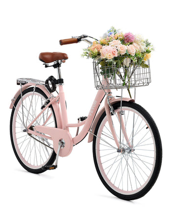 Cruiser Bike, 1-Speed, 26-Inch Pink Beach Cruiser Bike with Large Capacity Basket and Rear Rack, Secure & Sturdy Cruiser Bike with Adjustable Seat, Fits for Cycling, Exercise & Shopping