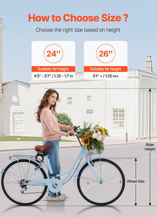 Cruiser Bike, 7-Speed, 26-Inch Light Blue Beach Cruiser Bike with Large Capacity Basket and Rear Rack, Secure & Sturdy Cruiser Bike with Adjustable Seat, Fits for Cycling, Exercise & Shopping