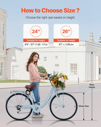 Cruiser Bike, 7-Speed, 26-Inch Light Blue Beach Cruiser Bike with Large Capacity Basket and Rear Rack, Secure & Sturdy Cruiser Bike with Adjustable Seat, Fits for Cycling, Exercise & Shopping