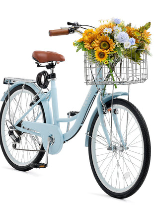 Cruiser Bike, 7-Speed, 26-Inch Light Blue Beach Cruiser Bike with Large Capacity Basket and Rear Rack, Secure & Sturdy Cruiser Bike with Adjustable Seat, Fits for Cycling, Exercise & Shopping