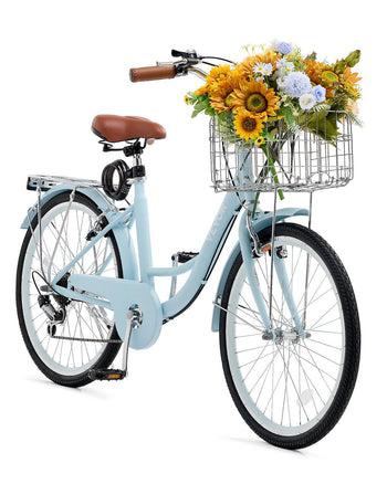 Cruiser Bike, 7-Speed, 26-Inch Light Blue Beach Cruiser Bike with Large Capacity Basket and Rear Rack, Secure & Sturdy Cruiser Bike with Adjustable Seat, Fits for Cycling, Exercise & Shopping