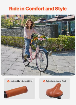 Cruiser Bike, 7-Speed, 26-Inch Pink Beach Cruiser Bike with Large Capacity Basket and Rear Rack, Secure & Sturdy Cruiser Bike with Adjustable Seat, Fits for Cycling, Exercise & Shopping