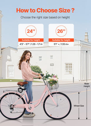 Cruiser Bike, 7-Speed, 26-Inch Pink Beach Cruiser Bike with Large Capacity Basket and Rear Rack, Secure & Sturdy Cruiser Bike with Adjustable Seat, Fits for Cycling, Exercise & Shopping