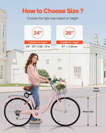 Cruiser Bike, 7-Speed, 26-Inch Pink Beach Cruiser Bike with Large Capacity Basket and Rear Rack, Secure & Sturdy Cruiser Bike with Adjustable Seat, Fits for Cycling, Exercise & Shopping