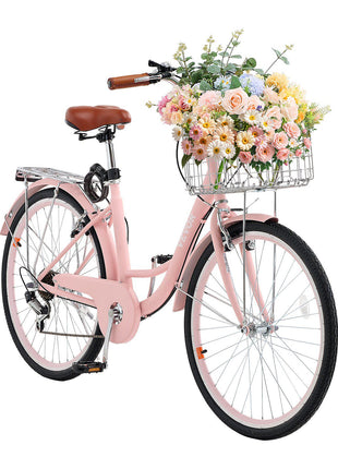 Cruiser Bike, 7-Speed, 26-Inch Pink Beach Cruiser Bike with Large Capacity Basket and Rear Rack, Secure & Sturdy Cruiser Bike with Adjustable Seat, Fits for Cycling, Exercise & Shopping