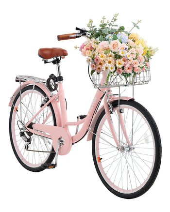 Cruiser Bike, 7-Speed, 26-Inch Pink Beach Cruiser Bike with Large Capacity Basket and Rear Rack, Secure & Sturdy Cruiser Bike with Adjustable Seat, Fits for Cycling, Exercise & Shopping
