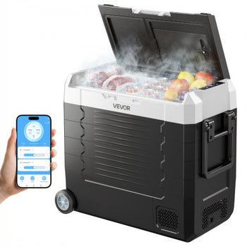 Car Refrigerator, DC 12/24V AC100-240V Compressor Electric Cooler,  -4°F to 68°F Truck Refrigerator with APP Control, Wheels & Dual Zone, 58 QT Cars Cooler for RVs, Boats, Camping, Fishing