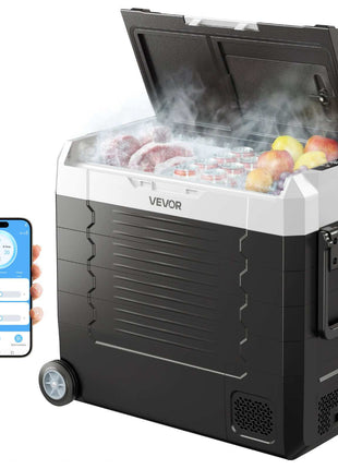 Car Refrigerator, DC 12/24V AC100-240V Compressor Electric Cooler,  -4°F to 68°F Truck Refrigerator with APP Control, Wheels & Dual Zone, 58 QT Cars Cooler for RVs, Boats, Camping, Fishing