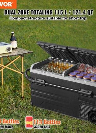 Car Refrigerator, 12 Volt Car Refrigerator Fridge, 115 L Dual Zone Portable Freezer with Wheels and Handle, -4?-68?, 12/24V DC and 100-240V AC Compressor Cooler for Outdoor, Camping