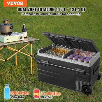 Car Refrigerator, 12 Volt Car Refrigerator Fridge, 115 L Dual Zone Portable Freezer with Wheels and Handle, -4?-68?, 12/24V DC and 100-240V AC Compressor Cooler for Outdoor, Camping