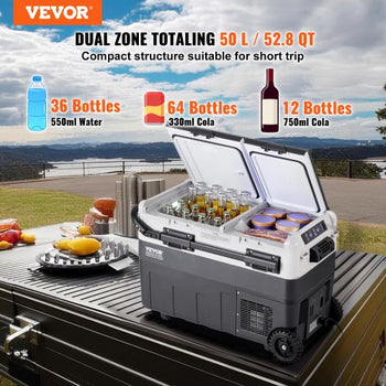 Portable Car Refrigerator, 12 Volt Car Refrigerator Fridge, 50 L / 52.8 QT Dual Zone Portable Freezer, -4?-68? Adjustable Temperature, Compressor Cooler for Home, Outdoor, Camping, RV, Car