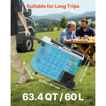 12 Volt Car Refrigerator, 63.4QT/60L Car Fridge, Portable Electric Cooler with Wheels and Handle, -4?~68?, 12/24V DC and 100- 240V AC Compressor Freezer for Outdoor, Camping, Travel, RV