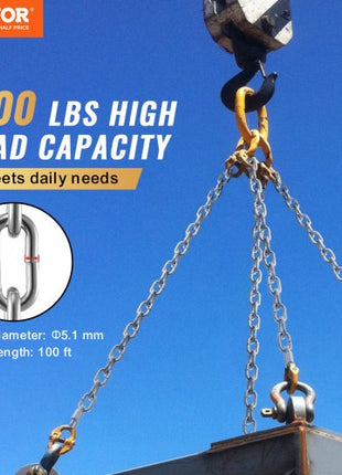 Proof Coil Chain, 3/16" x 100', 1100 lbs Safe Working Load, Zinc Plated Proof Tested Coil Chain with Two Quick Links, Galvanized Carbon Steel Link Chain for Towing, Hanging, Camping, Pet Towing